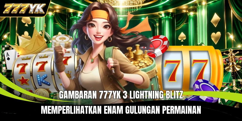 Gambaran 777YK 3 Lightning Blitz memperlihatkan enam gulungan permainan
